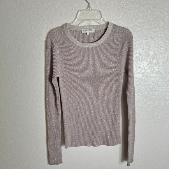 White + Warren Metallic Ribbed Slim Fit Sweater Beige & Silver Sz S - Picture 1 of 9
